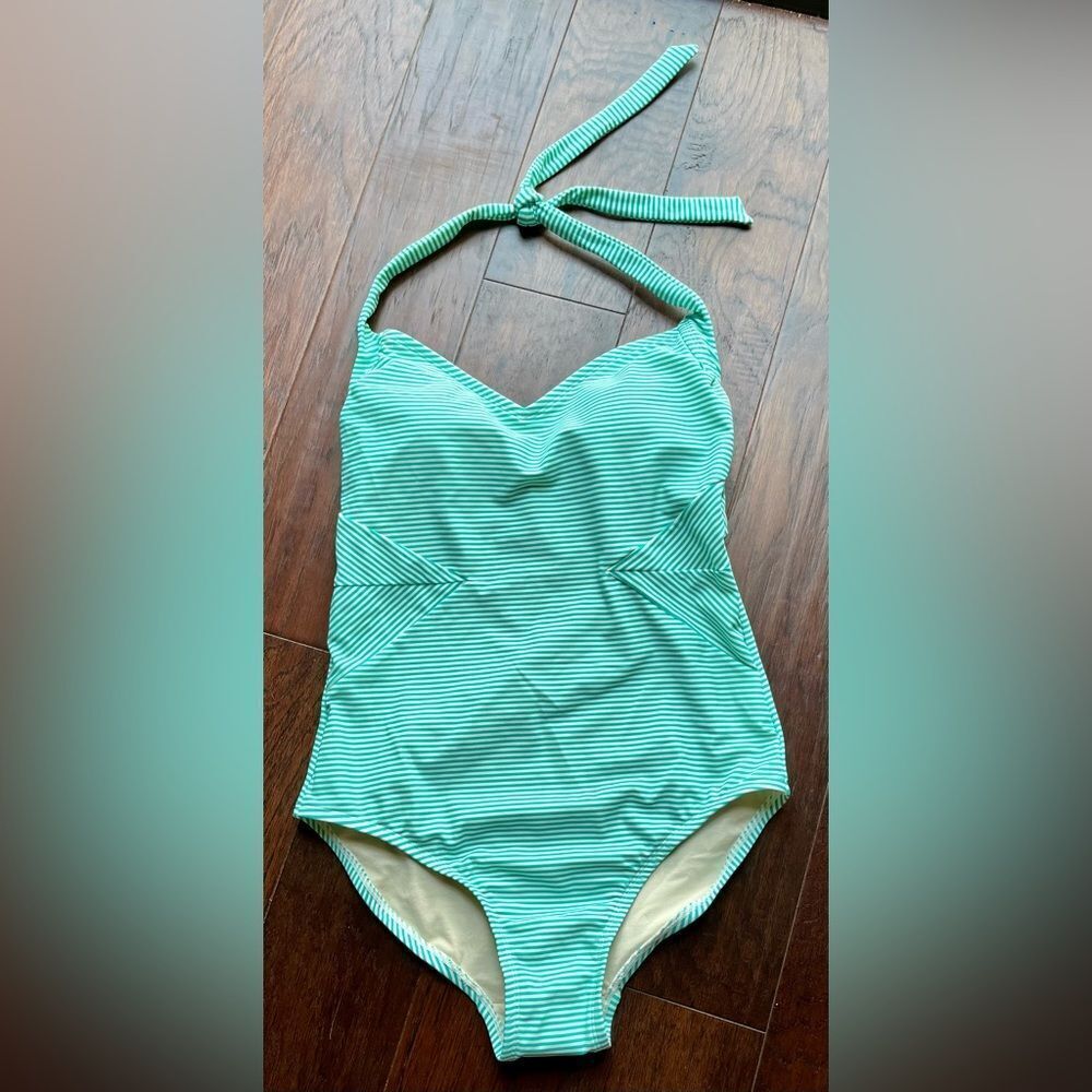Merona One Piece Green Striped Full Coverage Padded Minimalist Swimsuit M- NWT